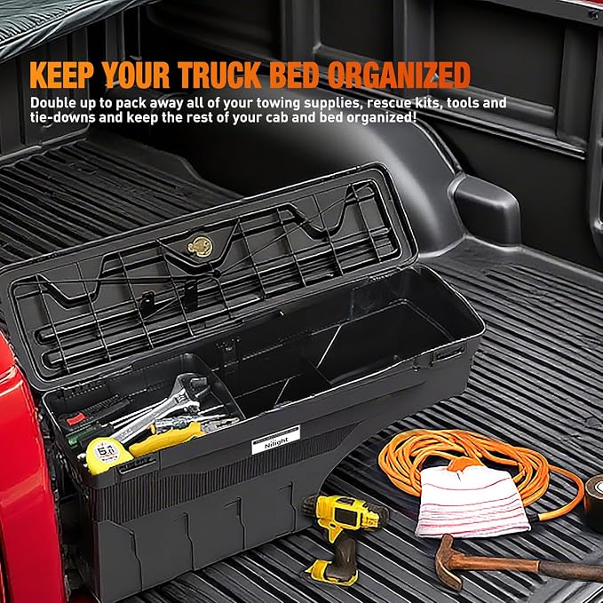 Nilight Truck Bed Tool Box Right Passenger Side Truck Tool Box Fit for Ford F-250/350 Super Duty 1999-2016 ABS Swing Case Truck Bed Storage Box with Lockable Lid Waterproof Wheel Well Toolbox Balck