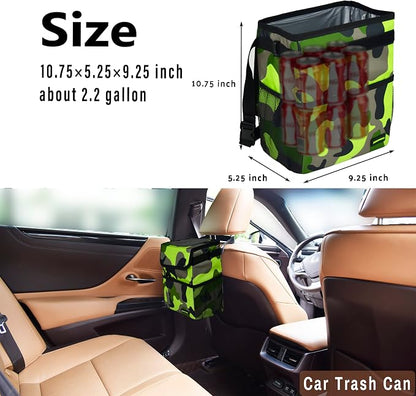 SIBOFUEGO Cute Car Trash Can with Lid – Multipurpose Collapsible Trash Bin for Car, Leak-Proof Organizer, Waterproof Garbage Can with Storage Pockets & Adjustable Straps, 2 Gallons (Camo Green)