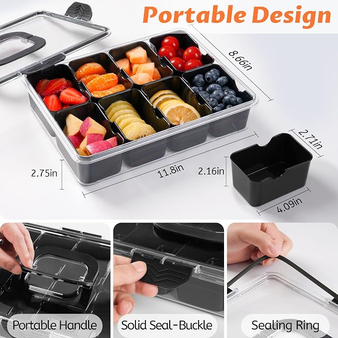Snackle Box Container, Dishwasher Safety - Divided Serving Tray with Lid and Handle, Charcuterie Board for Portable Snack Platters - Organizer for Fruits Snacks - Perfect for Road Travel - Black