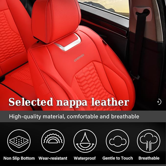 Coverado Car Seat Covers Full Set, Nappa Leather Red Car Seat Covers, Waterproof Automotive Seat Covers for Cars Interior Accessories Universal Fit Most Sedans, SUVs, Pick-up Trucks
