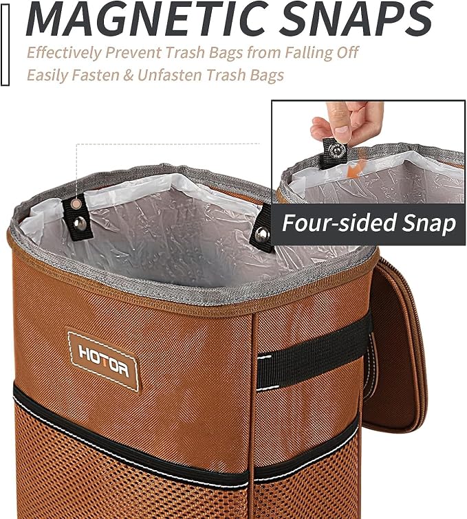 HOTOR Brown Car Trash Can with Adjustable Strap, Magnetic Snaps, Waterproof Lining, and Storage Pocket