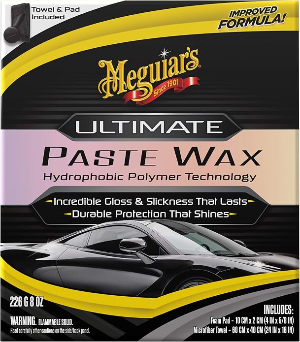 Meguiar's Ultimate Paste Wax, Premium Car Wax for a Deep Gloss with Lasting Protection, Easy to Apply and Remove, Clear Coat Safe, Microfiber Towel and Applicator Included, 8 Oz Paste