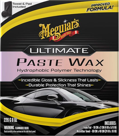 Meguiar's Ultimate Paste Wax, Premium Car Wax for a Deep Gloss with Lasting Protection, Easy to Apply and Remove, Clear Coat Safe, Microfiber Towel and Applicator Included, 8 Oz Paste