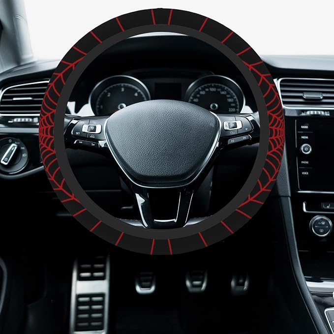 Car Steering Wheel Cover, 14.5"-15" Inch Universal Anti-Slip DurableSteering Wheel Protective Cover, Breathable Auto Interior Decoration Accessories for Sedan SUV Truck (Black Spider Web)