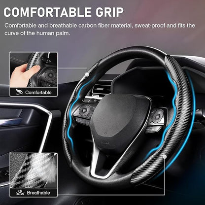 Cartist Carbon Fiber Steering Wheel Cover - Anti-Slip, Steering Wheel Cover for Men/Women - Durable, Universal Car Accessory (Black)