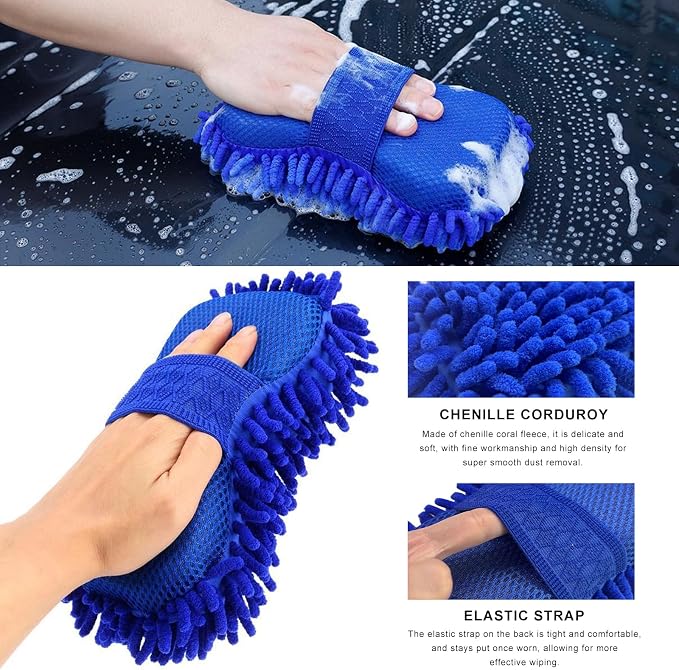 Microfiber Car Wash Sponge, Scratch-Free Vehicle Washing Mitt with Chenille & Mesh Sides, Highly Absorbent Sponge Lint-Free Cleaning Tool for Car Washing & Detailing (Blue)