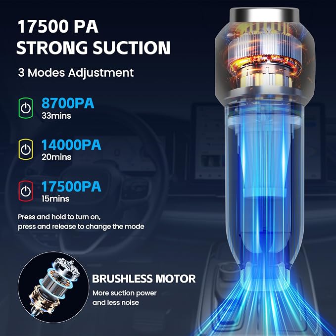 Portable Car Vacuum Cleaner High Power 17500Pa, Lightweight Mini Vacuum Cleaner, Hand Held Vacuum with LED 3-Speed Display, Multiple Attachments, Car Cleaning Kit Interior, Ideal Gift for Cars Owners