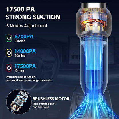 Portable Car Vacuum Cleaner High Power 17500Pa, Lightweight Mini Vacuum Cleaner, Hand Held Vacuum with LED 3-Speed Display, Multiple Attachments, Car Cleaning Kit Interior, Ideal Gift for Cars Owners