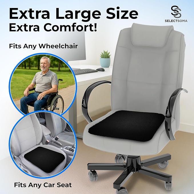 SelectSoma Super Large Gel Seat Cushion for Long Sitting - 18.5" x 17.5" - Breathable Cooling Design - Pressure Relief for Sciatica, Tailbone & Back - Office Chair, Wheelchair, Car & Truck Cushion