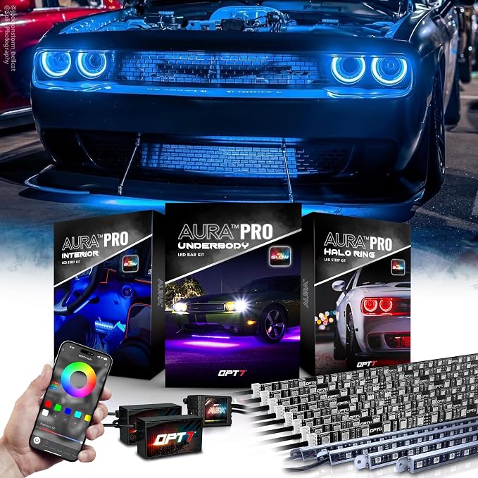 OPT7 Halo Ring & Interior Light & Underglow App & Remote Control Bundle Kit for Dodge Challenger 2008-2023, Easy Installation, Multicolor Music Sync, Car Ambient Decoration