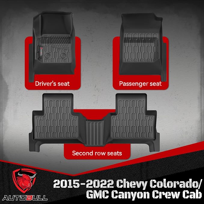Floor Mats Compatible with 2015-2022 Chevy Colorado/GMC Canyon Crew Cab, All Weather TPE Floor Liners, Custom Fit Car mats, 1st & 2nd Row, Black