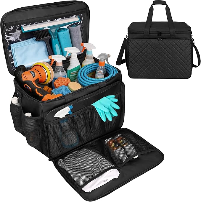 Large Car Detailing Organizer with Hard Pad Support, Car Detailing Bag with Multiple Pockets, Cleaning Bags for Housekeepers, Cleaning Supply Bag, Black