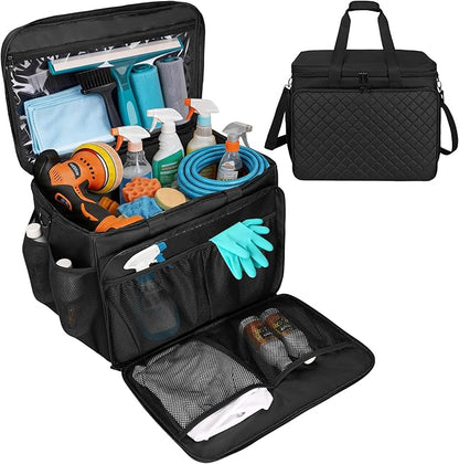Large Car Detailing Organizer with Hard Pad Support, Car Detailing Bag with Multiple Pockets, Cleaning Bags for Housekeepers, Cleaning Supply Bag, Black