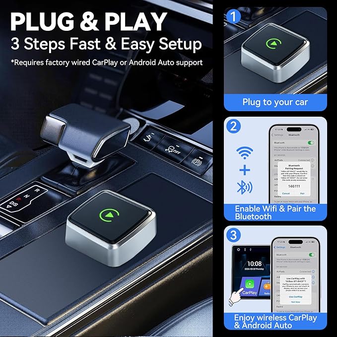 Wireless CarPlay Adapter 2026 Upgrade Mini Design, Bluetooth Plug & Play Converts Wired CarPlay/Android Auto to Wireless - Easy Use Fast Stable Connection for iPhone iOS 10+ & Android 11+
