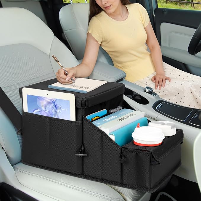 Car Hop Front Seat Organizer with Cup Holder, Movable Divider & Side Pockets, Passenger Seat Storage Caddy for Road Trip, Travel, Work or Kids, Fits Cars Trucks SUVs