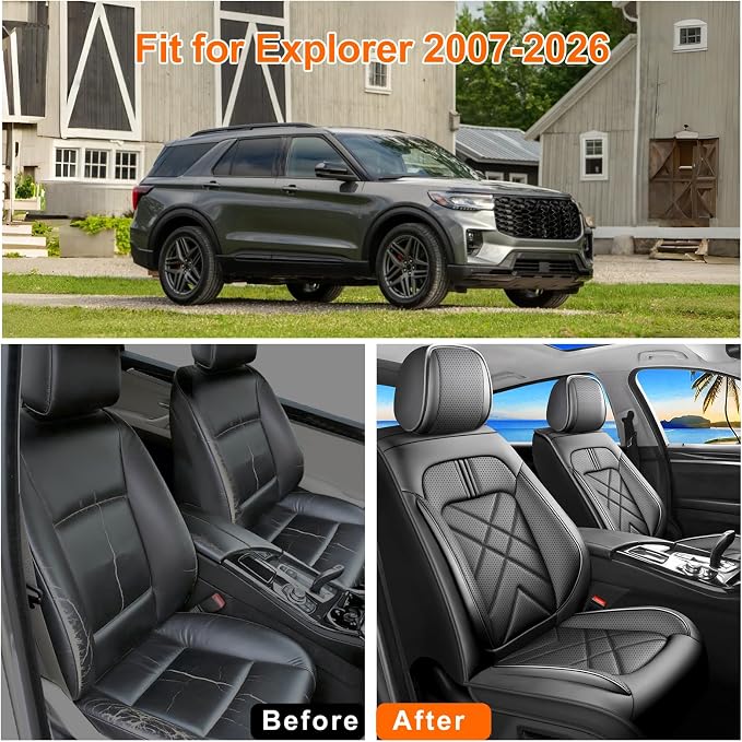 Explorer Car Seat Covers Custom Fit for Ford Explorer 2004-2026, Full Coverage Leather Waterproof Breathable Seat Covers Full Set, Automotive Seat Protectors, Airbag Compatible (Full Set Black)