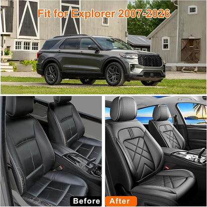 Explorer Car Seat Covers Custom Fit for Ford Explorer 2004-2025 2026 Full Coverage Leather Waterproof Breathable Seat Covers, Automotive Seat Protectors, Airbag Compatible(2 Front Seats, Black)