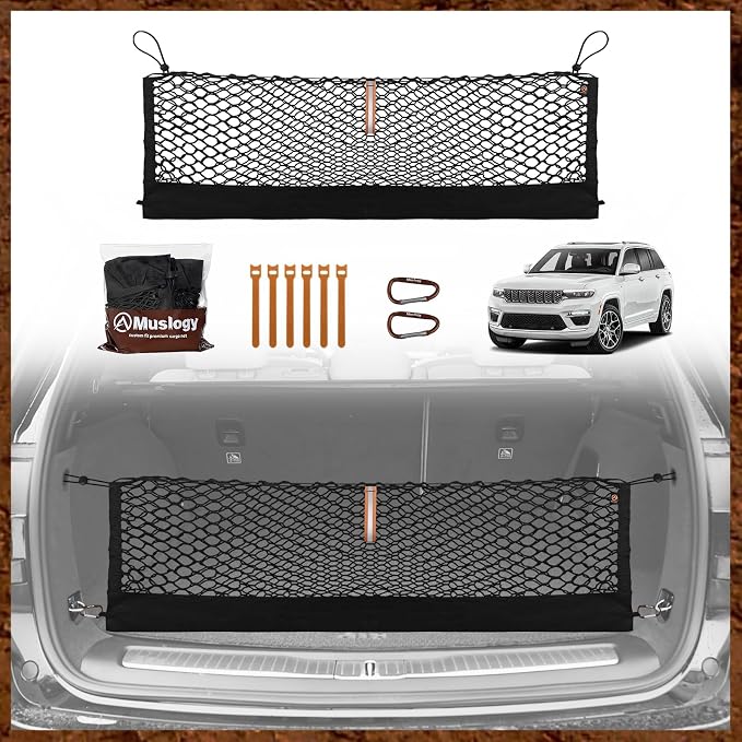 Muslogy Truck Bed Cargo Net Trunk Netting Compatible with 2022-2025 2026 Jeep Grand Cherokee WL (2-Row) Accessories, Pickup Cargo Organizer SUV Sedan Storage Net w/Heavy Duty Carabiners