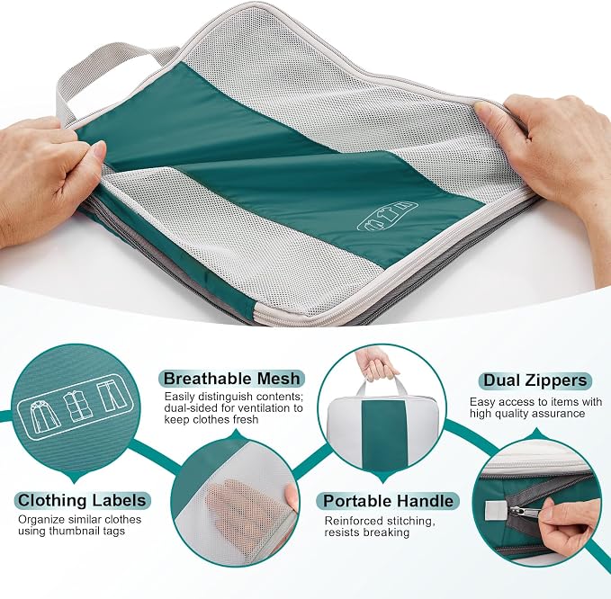 OlarHike 10-Pack Compression Packing Cubes for Travel Essentials,Compressible Expandable Packing Cubes for Suitcase,Luggage Garment Bags for Travel,Handy Helper for Organizing Clothes(Dark Blue Green)
