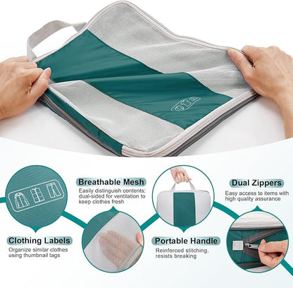 OlarHike 10-Pack Compression Packing Cubes for Travel Essentials,Compressible Expandable Packing Cubes for Suitcase,Luggage Garment Bags for Travel,Handy Helper for Organizing Clothes(Dark Blue Green)