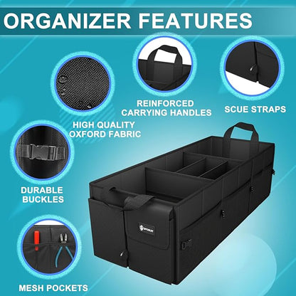 Sposuit Extra Large Trunk Organizer 98L Collapsible Car Storage Trunk Organizer with Removable Dividers & Adjustable Securing Straps for Car SUV Van