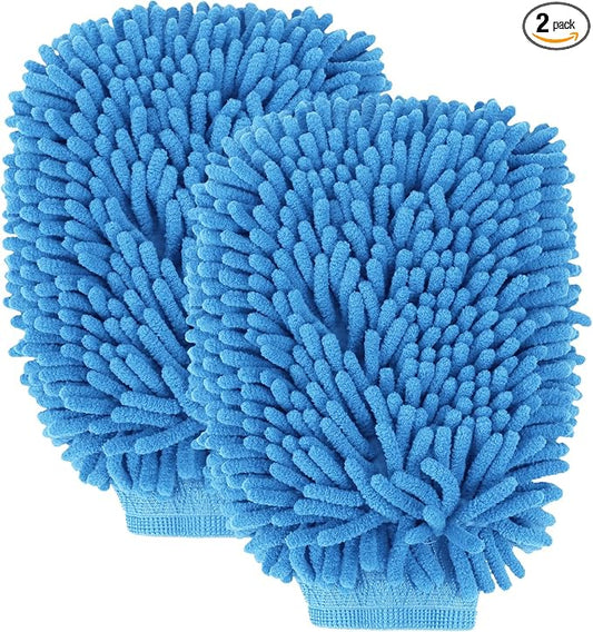 wuyaoyao 2PCS Car Wash Mitt, 10.14"×7.12" Chenille Microfiber Car Wash Mitts, Scratch-Free & Lint-Free, Absorbent Double Sided Clean Glove for Cars Cleaning, Auto Cleaning Supplies (Sky Blue)