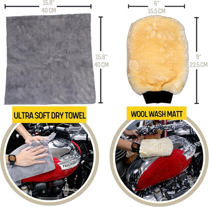 oesee Motorcycle Cleaning Kit 6 Pack Design for Chrome, Woolies Brush, Wool Wash Mitt, Tire&Chain Brush, Detailing Brush& Ultra Plush Towel for Motorcycle& Bike Chrome Painted, Rims, Exhaust, Surface
