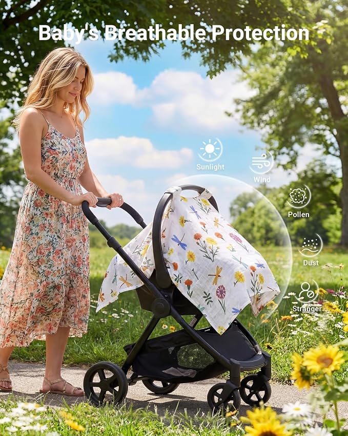Rquite Infant Car Seat Cover for Babies Girls, 100% Muslin Cotton Carseat Canopy, Breathable Stroller Sun Shade, Baby Shower Gift & Newborn Essentials, Universal Fit Summer & Hot Weather (Floral)