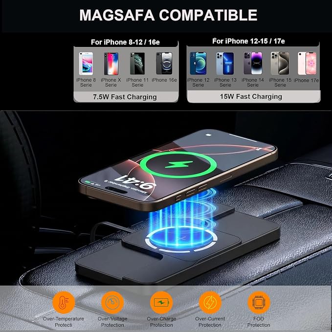 Wireless Charger Car Magnetic Charging pad Fast Wireless Phone Charger Cell Phone Cordless Charging mat Compatible with iPhone 16/15/14/13/12, Airpods Earbuds(C11MAG)