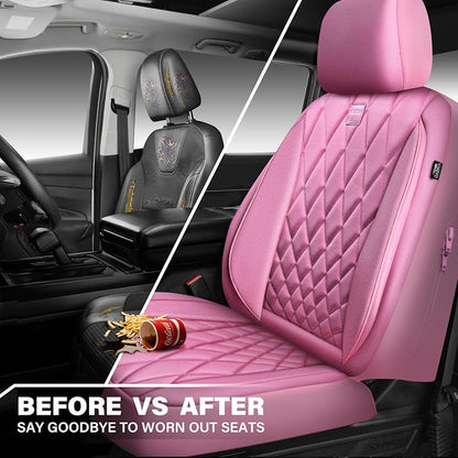 CAR PASS Piping Luxury Leather Two Front Car Seat Covers, Cute Girly Waterproof Anti Slip Seat Covers Compatible with Front Seat Armrests,Universal Fit for Suvs,Vans,Trucks,Airbag Compatible(All Pink)