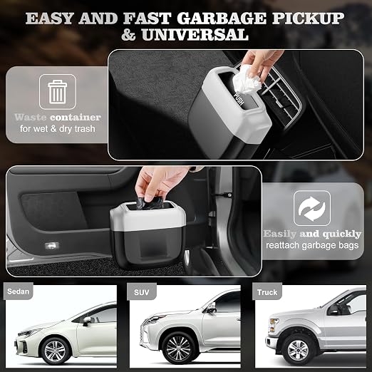 2 Packs Car Trash Can with Lid，Built-in Storage Garbage Bag，Leakproof Vehicle Trash，Car Accessories for Interior,Mini Garbage Bin for Automotive, Office, Kitchen,Bedroom，with 60pcs Trash Bags