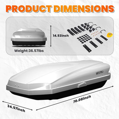 21 Cu Ft Cargo Box, Hard Shell Roof Cargo Carrier with Security Keys, 70.08" x 34.57" x 14.53" Roof Box, Dual-Sided Opening, Tool-Free Install, White