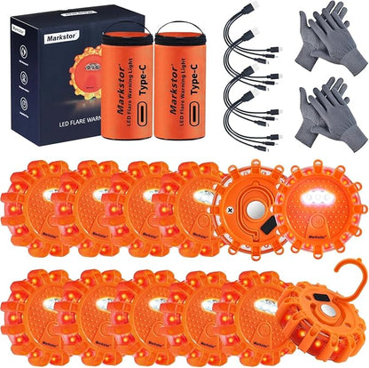 LED Road Flares 12 Pack Roadside Emergency Car Kit, USB Rechargeable (lithium battery) Road Safety Flare Light,9 Flash Modes,With Magnet & Hook Safety Beacon Warning Light (12 Pack)