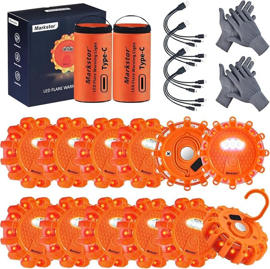 LED Road Flares 12 Pack Roadside Emergency Car Kit, USB Rechargeable (lithium battery) Road Safety Flare Light,9 Flash Modes,With Magnet & Hook Safety Beacon Warning Light (12 Pack)
