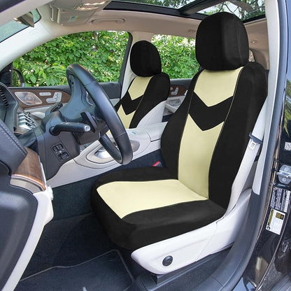 Universal Fit Chevron Flat Cloth Car Seat Covers Full Set - Beige