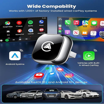 2026 Wireless CarPlay Adapter Android Auto & Wireless Adapter Wired to Wireless CarPlay Plug and Play, Fast Auto-Reconnect Stable Control Supports 1000+Car’s, Compact Sleek Mini Cube Design