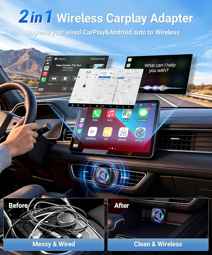TICARVE 2-in-1 Wireless Apple CarPlay & Android Auto Adapter, Plug & Play CarPlay Wired to Wireless Adapter, Stable Auto-Connect, No Latency, iOS 10+ & Android 11+, USB/USB-C Extension Cable