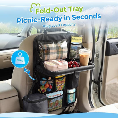 Tsumbay Backseat Car Organizer with Foldable Tray, 9 Pockets, Kick Mat Seat Protector, 18KG Capacity, Waterproof Oxford Fabric for Kids, Family Travel - for Car, SUV, Van (Oxford-2Pck)