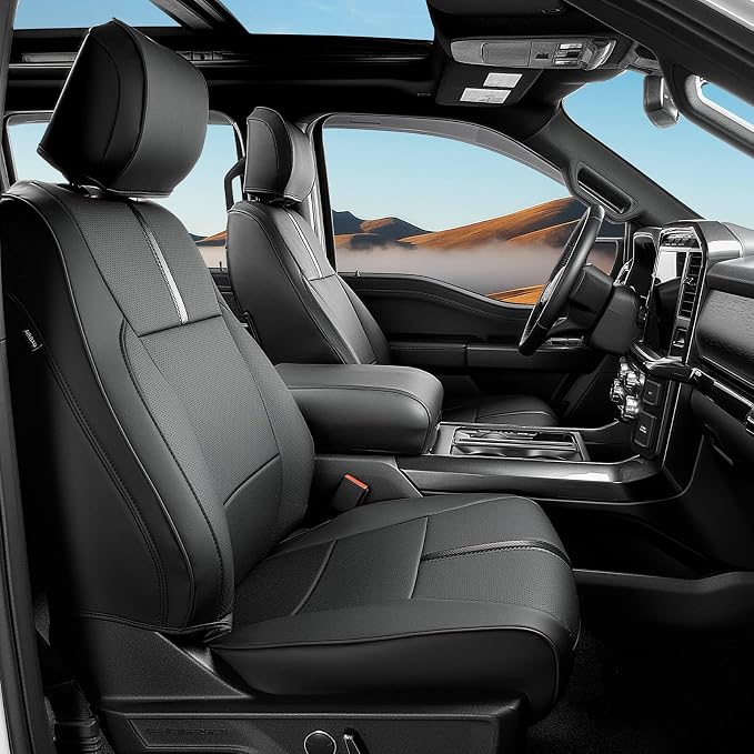 for Ford F150 Seat Covers 2015-2023 2024 2025 2026 (Only Front Seat Covers), Leather Pickup Truck Seat Covers Custom Fit for F-150 XL XLT (Not for Regular Cab) Waterproof Car Accessories Black