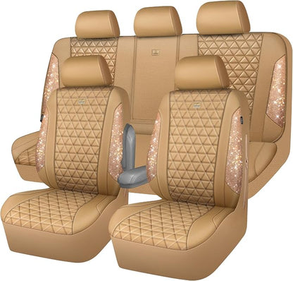 CAR PASS Bling Diamond Beige Leather Car Seat Covers Full Sets Interior Set, Waterproof Shining Glitter Sparkly Crystal Universal Armrest Fit for Automotive Truck SUV Cute Women Girl, Beige Rhinestone