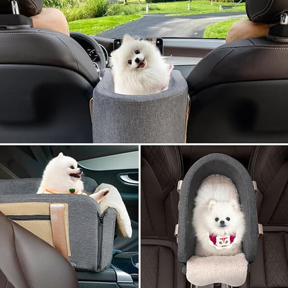 Console Dog Car Seat Cat Carrier - Pet Car Booster Seat on Cars' Armrest Travel Bags for Cats Dogs with Easy Carrying Strap Dog Travel Carrier with Safety Tethers