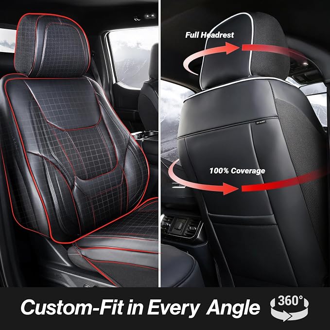 Coverland Custom SUV Car Seat Covers Front Seats for [2011-2019 Ford Explorer Bench Seat] - Protector Water Resistant Leather Memory Form Back Support Seat Cushion [Front - Black with White Stitching]