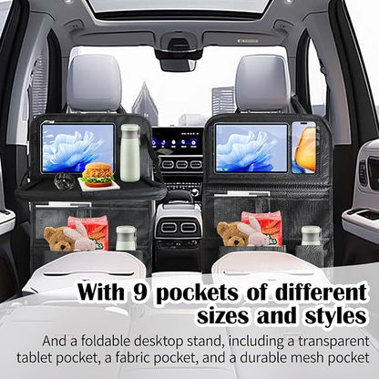 Car Backseat Organizer with Tablet Holder, 9 Storage Pockets with Foldable Food Tray, Kick Mats Back Seat Cover for Kids Road Trip Essentials Travel (1 Pack)