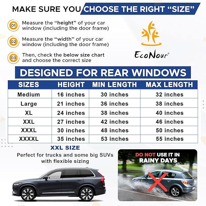 EcoNour Car Rear Window Screens (2 Pack) | Stretchable & Breathable Car Side Window Sun Shades for Sun Protection | Breathable Window Shades for Privacy Blackout | (XXL 42"x27")