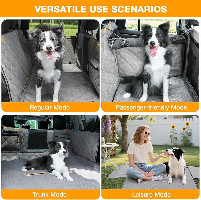 Dog Car Seat Cover for Back Seat, Hard Bottom Back Seat Extender for Dogs, Waterproof Car Hammock, Backseat Bed and Car Seat Protector, Nonslip Fit for Cars, SUVs, Trucks, 52 x 25 in, Gray