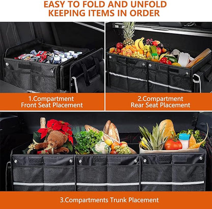 AOPHY Car Trunk Organizer with Insulated Cooler Bag, Foldable & Waterproof Storage Organizer with Lid for SUV, Truck, Sedan - 4 Large Adjustable Compartments, Heavy Duty & Collapsible Design