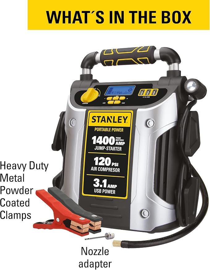 Stanley J7C09D 1400 Peak Amp Automotive Jump Starter, Portable Power – Triple 15W USB Ports, 120 PSI Air Compressor for Tires & Sports Equipment