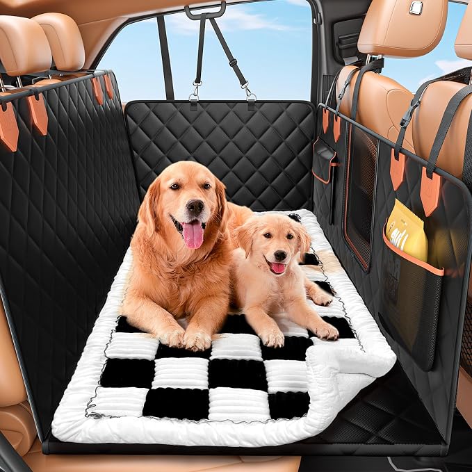 IJVAE Hard Bottom Car Seat Cover for Dog swith Removable Soft Blankets,Scratch-Proof and Anti-Slip Car Dog Hammock for Large Dogs White for Crew Cab Trucks F150