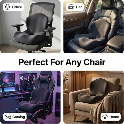 Memory Foam Office Chair Cushion with Back Support, Ergonomic Seat Cushion for Office Chair and Car Seat, Pressure Relief for Long Sitting (Black)
