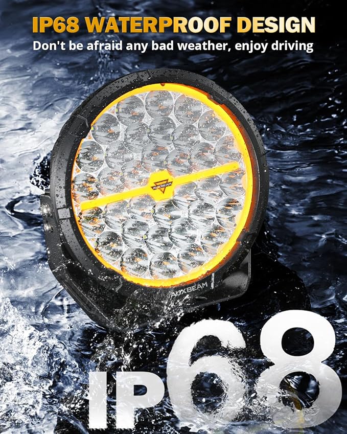 Auxbeam RAY-L Series 9 Inch Round Offroad Light with Amber White DRL 318W 34180LM LED Driving Lights Spot Beam Spotlights Off Road Lighting Pod Lights for Jeep Truck ATV